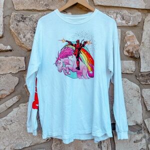 Mens Marvel Deadpool Riding Unicorn long-sleeve t-shirt in white size x-large